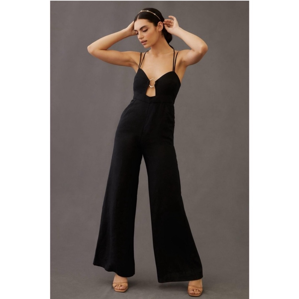 Anthropologie Rumer Byron Black Linen Ring Detail Corset Jumpsuit